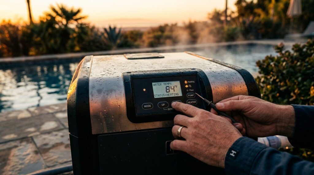 A stylized, cinematic image of a pool heater control panel being inspected outdoors during golden hour with dramatic
