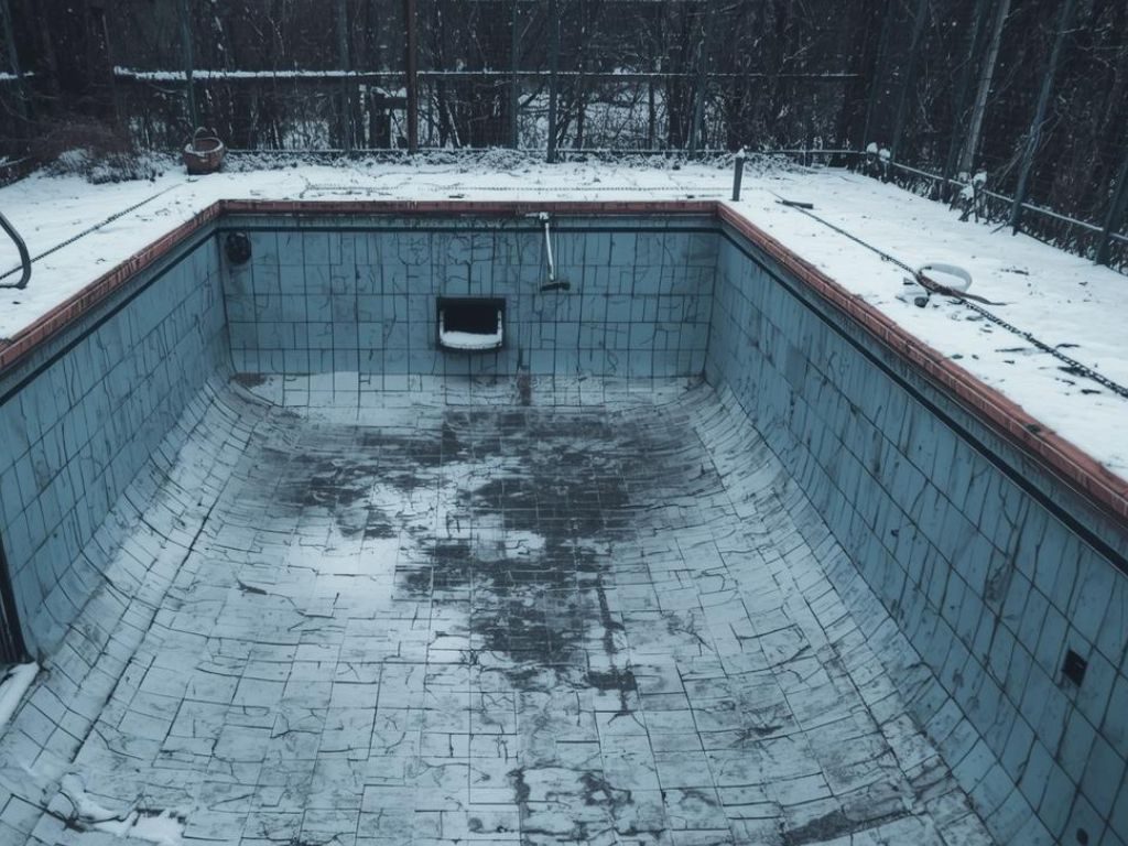 Empty, snow-dusted swimming pool with cracked blue tiles, surrounded by barren trees and fencing. The scene conveys a desolate, abandoned atmosphere.