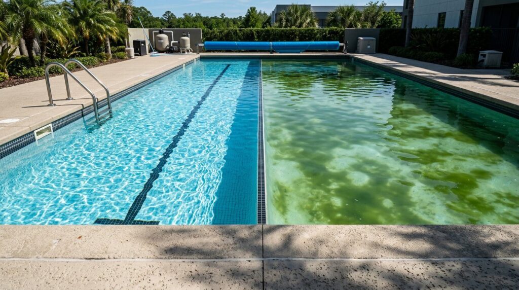 A high-end, realistic photograph showing a swimming pool divided down the middle, with one half featuring crystal-clear
