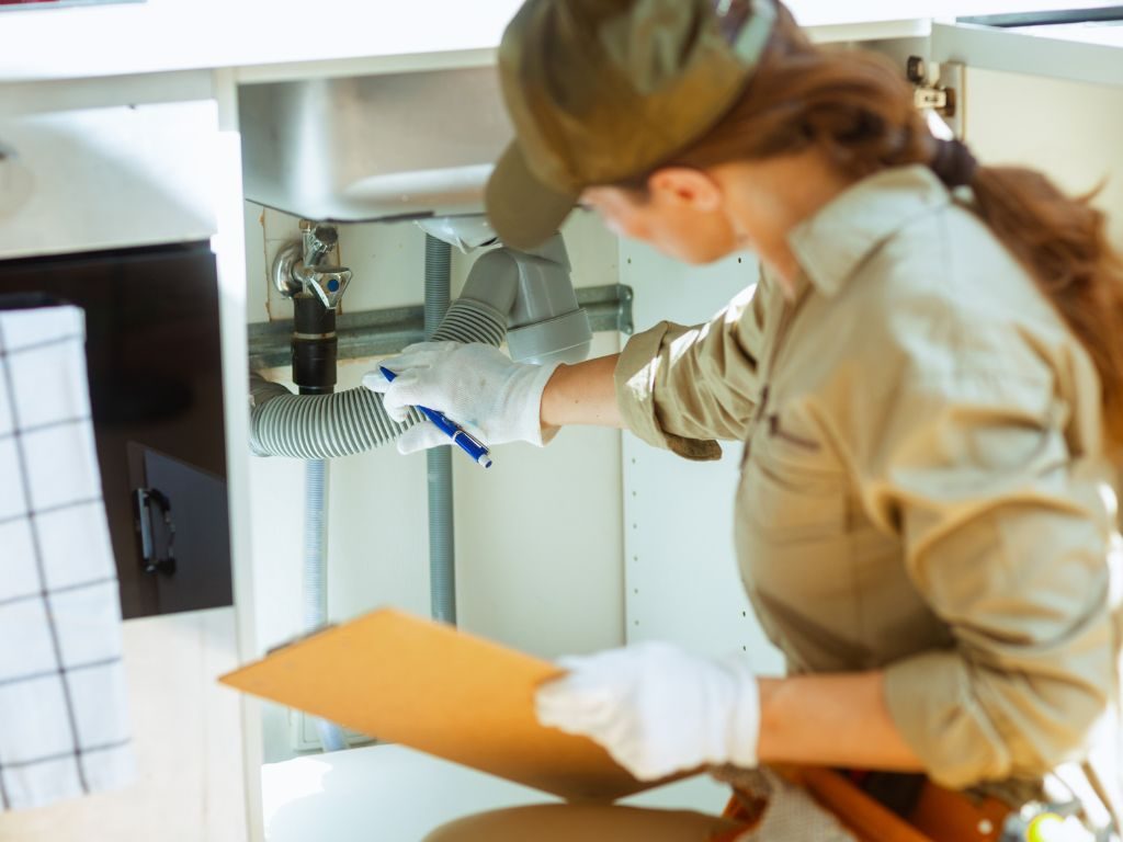 A woman in a uniform inspects under-sink plumbing with a flashlight. She holds a clipboard, wearing gloves, showing focus and professionalism.